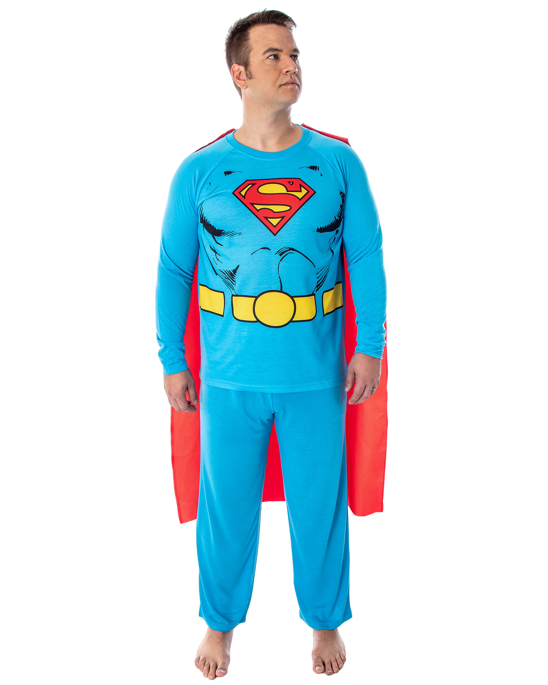 DC Comics Men's Superman Costume Raglan Shirt And Pants Pajama Set with Cape - Picture 7 of 23